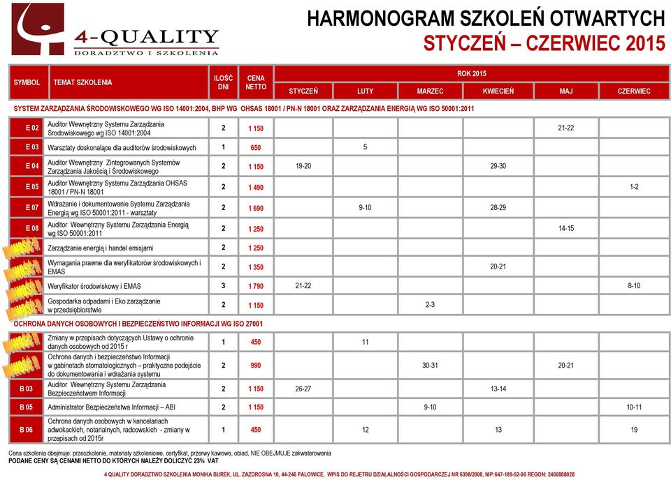 Auditor Wewnętrzny Systemu Zarządzania OHSAS 18001 / PN-N 18001 Wdrażanie i dokumentowanie Systemu Zarządzania Energią wg ISO 50001:2011 - warsztaty Auditor Wewnętrzny Systemu Zarządzania Energią wg