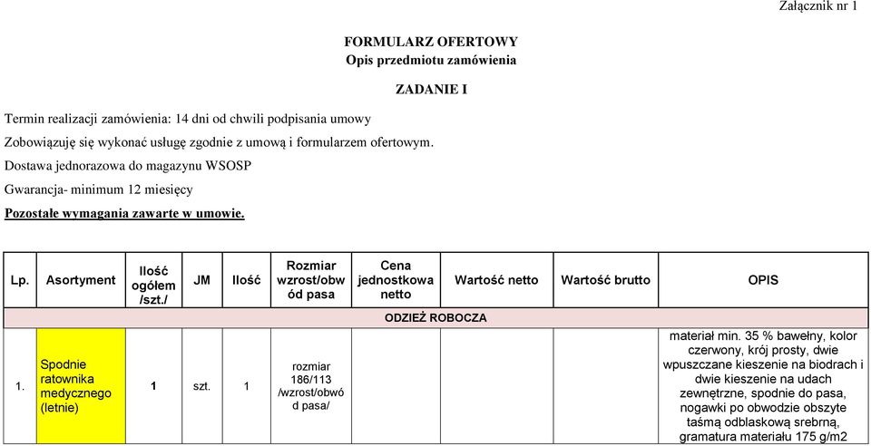 / JM Ilość Rozmiar wzrost/obw ód pasa Cena jednostkowa netto Wartość netto Wartość brutto OPIS 1. Spodnie ratownika medycznego (letnie) 1 szt.