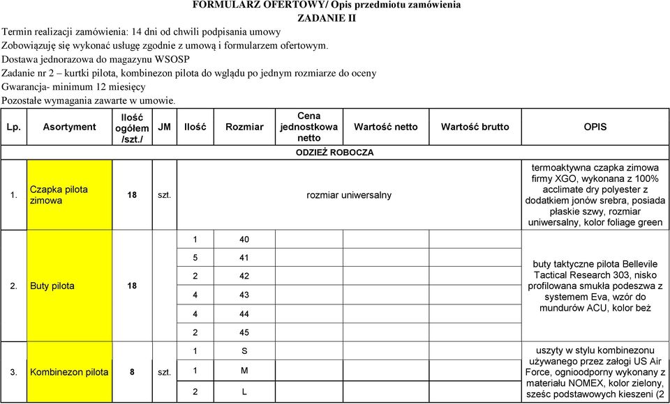 / JM Ilość Rozmiar Cena jednostkowa netto ODZIEŻ ROBOCZA 18 szt.