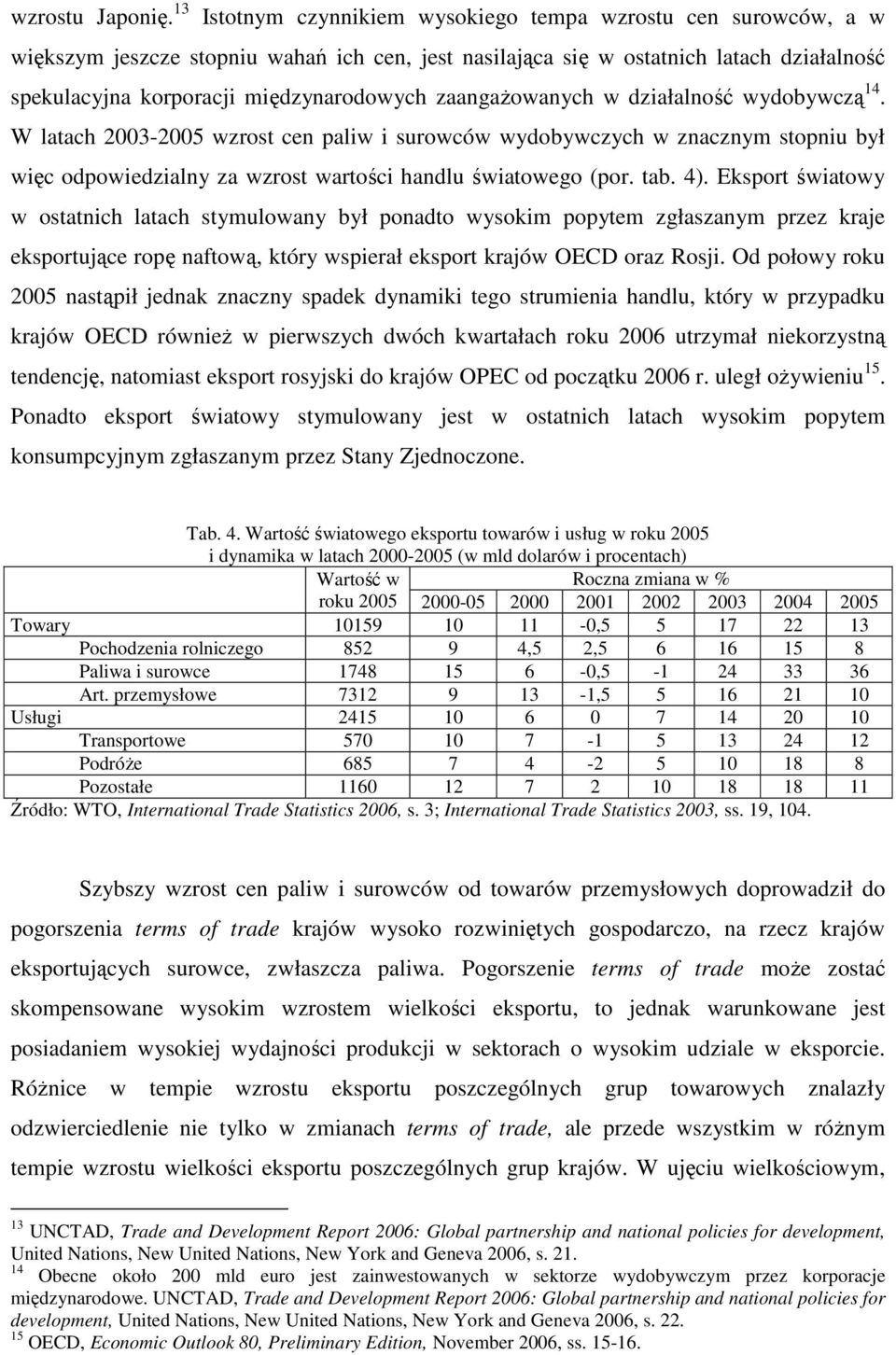 zaangaŝowanych w działalność wydobywczą 14. W latach 2003-2005 wzrost cen paliw i surowców wydobywczych w znacznym stopniu był więc odpowiedzialny za wzrost wartości handlu światowego (por. tab. 4).