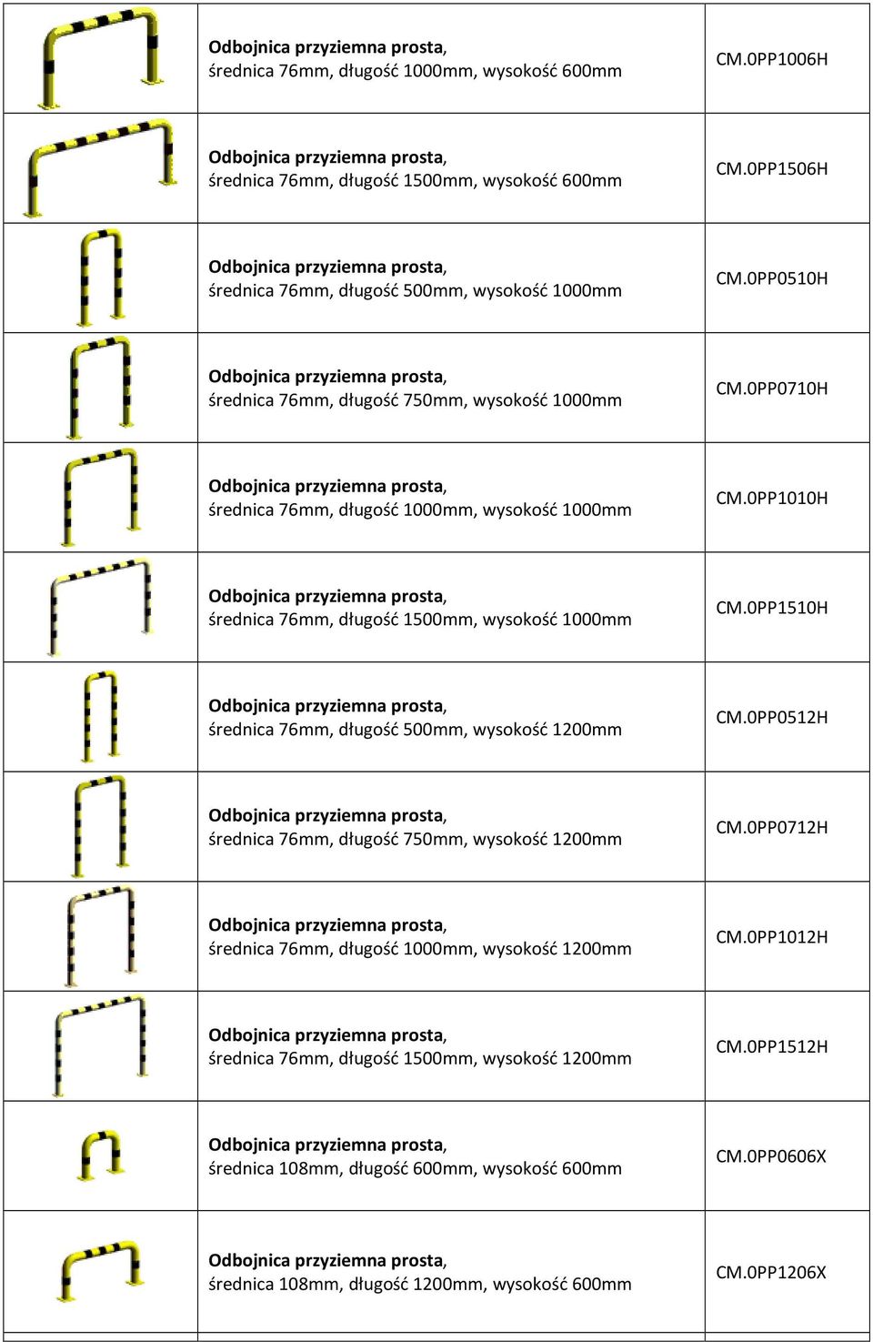 0PP1010H średnica 76mm, długość 1500mm, wysokość 1000mm CM.0PP1510H średnica 76mm, długość 500mm, wysokość 1200mm CM.0PP0512H średnica 76mm, długość 750mm, wysokość 1200mm CM.