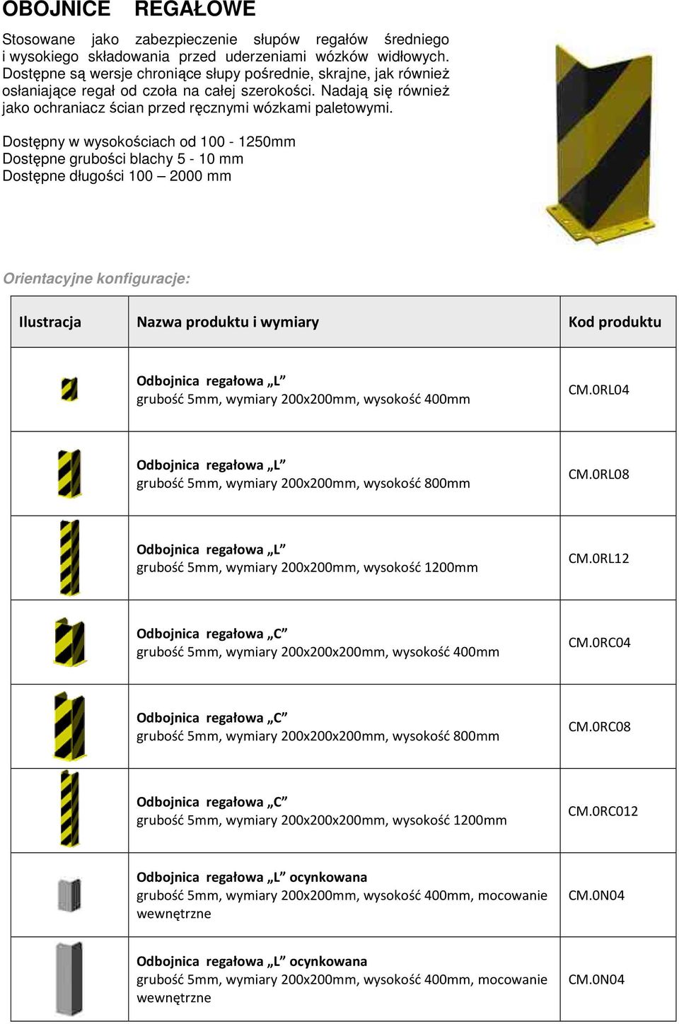 Dostępny w wysokościach od 100-1250mm Dostępne grubości blachy 5-10 mm Dostępne długości 100 2000 mm Odbojnica regałowa L grubość 5mm, wymiary 200x200mm, wysokość 400mm CM.