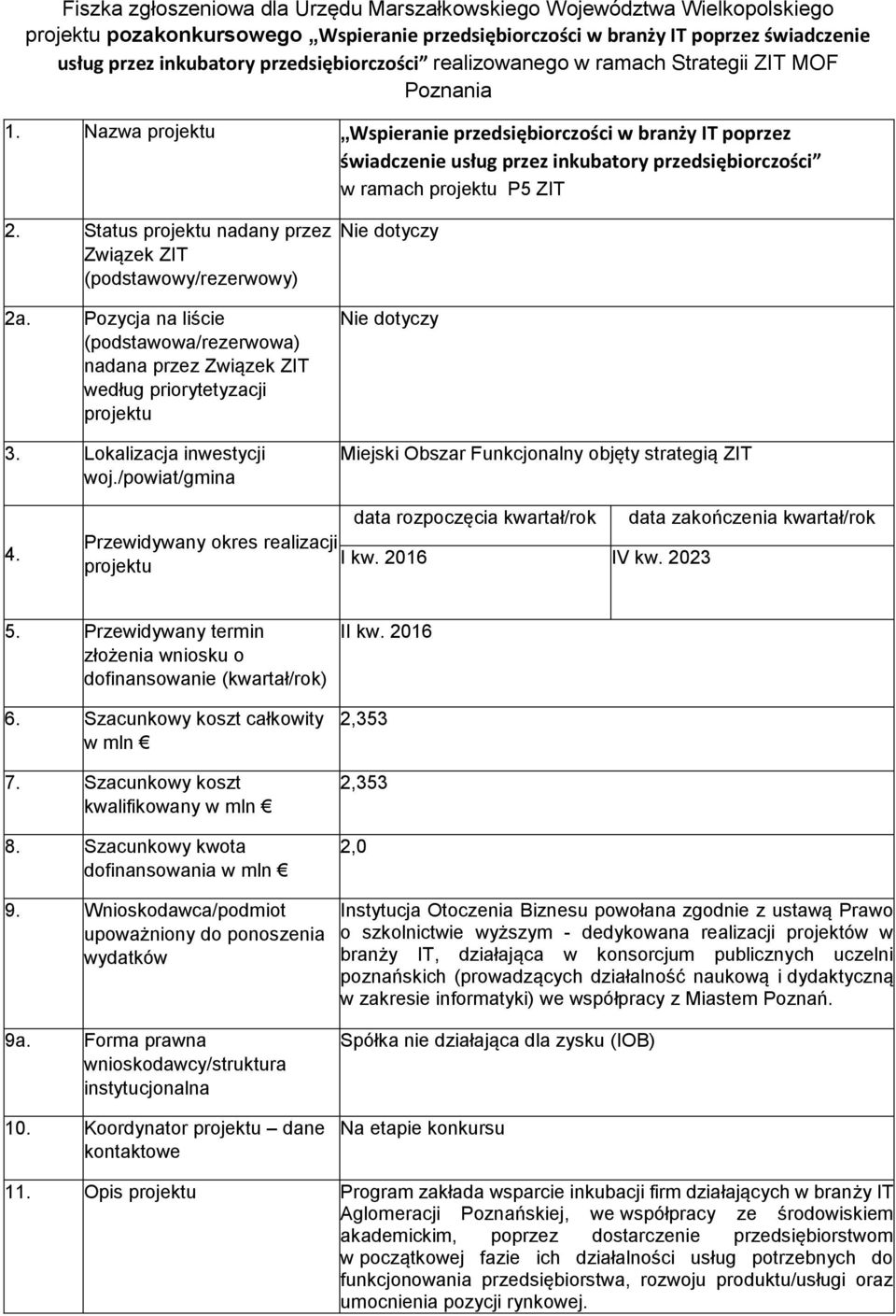 Nazwa projektu Wspieranie przedsiębiorczości w branży IT poprzez świadczenie usług przez inkubatory przedsiębiorczości w ramach projektu P5 ZIT 2.