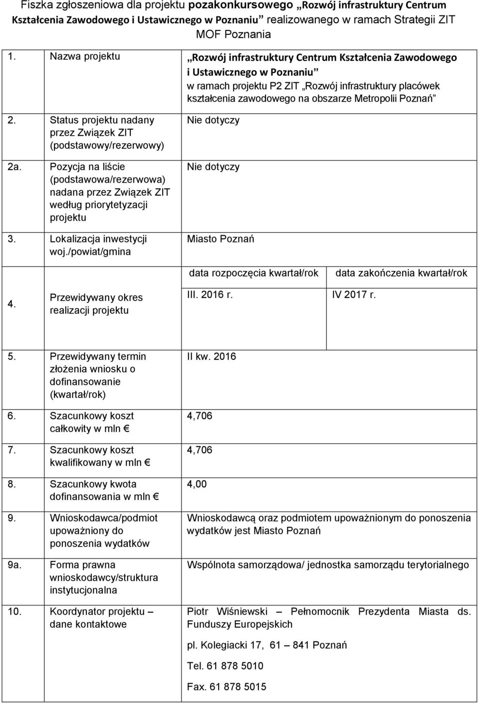 Poznań 2. Status projektu nadany przez Związek ZIT (podstawowy/rezerwowy) 2a. Pozycja na liście (podstawowa/rezerwowa) nadana przez Związek ZIT według priorytetyzacji projektu 3.