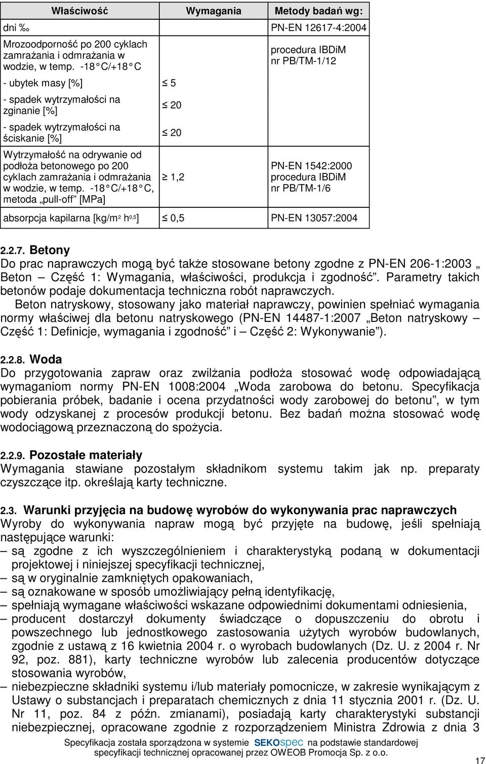 wodzie, w temp. -18 C/+18 C, metoda pull-off [MPa] 20 20 1,2 procedura IBDiM nr PB/TM-1/12 PN-EN 1542:2000 procedura IBDiM nr PB/TM-1/6 absorpcja kapilarna [kg/m 2 h 0,5 ] 0,5 PN-EN 13057: