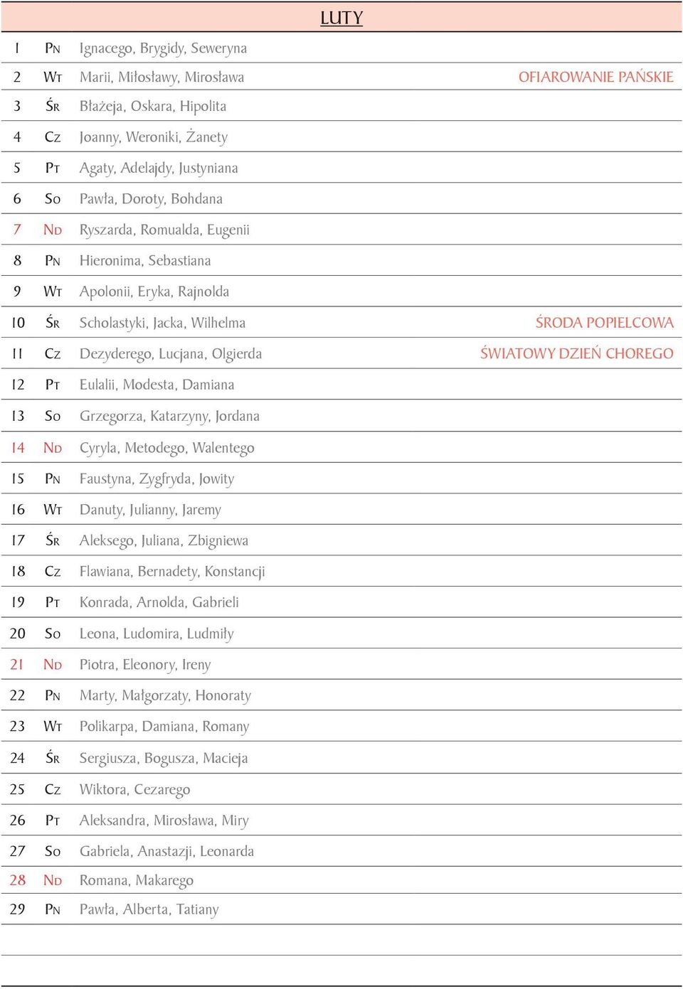 ŚWIATOWY DZIEŃ CHOREGO 12 Pt Eulalii, Modesta, Damiana 13 So Grzegorza, Katarzyny, Jordana 14 Nd Cyryla, Metodego, Walentego 15 Pn Faustyna, Zygfryda, Jowity 16 Wt Danuty, Julianny, Jaremy 17 Śr