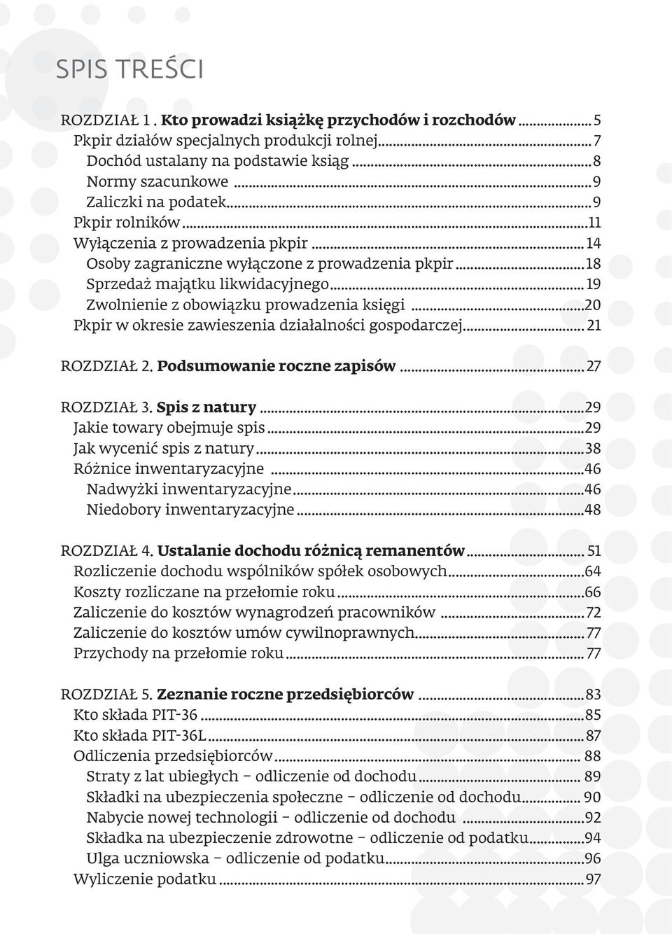 ..20 Pkpir w okresie zawieszenia działalności gospodarczej... 21 ROZDZIAŁ 2. Podsumowanie roczne zapisów...27 ROZDZIAŁ 3. Spis z natury...29 Jakie towary obejmuje spis...29 Jak wycenić spis z natury.