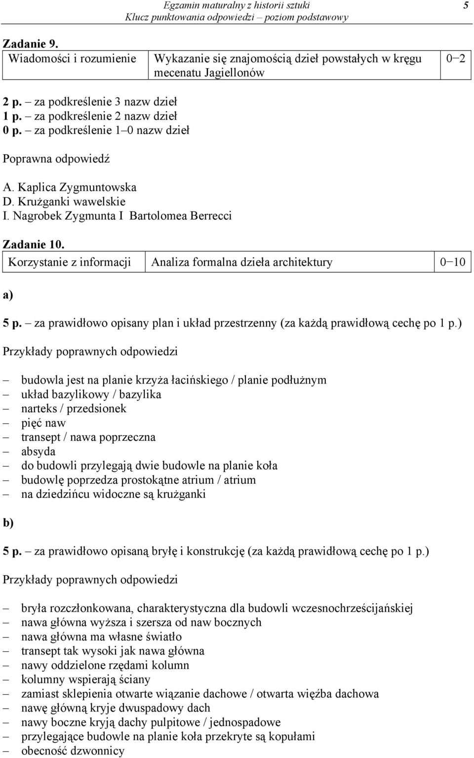 Korzystanie z informacji Analiza formalna dzieła architektury 0 10 5 p. za prawidłowo opisany plan i układ przestrzenny (za każdą prawidłową cechę po 1 p.