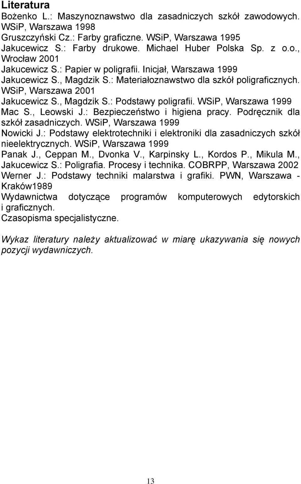 WSiP, Warszawa 2001 Jakucewicz S., Magdzik S.: Podstawy poligrafii. WSiP, Warszawa 1999 Mac S., Leowski J.: Bezpieczeństwo i higiena pracy. Podręcznik dla szkół zasadniczych.