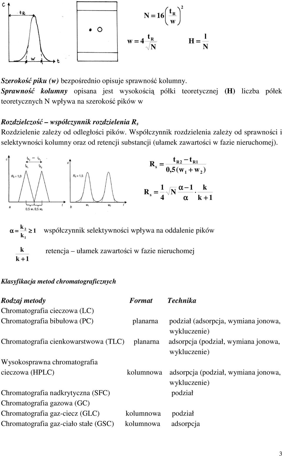 pików. Współczynnik rozdzielenia zaleŝy od sprawności i selektywności kolumny oraz od retencji substancji (ułamek zawartości w fazie nieruchomej).