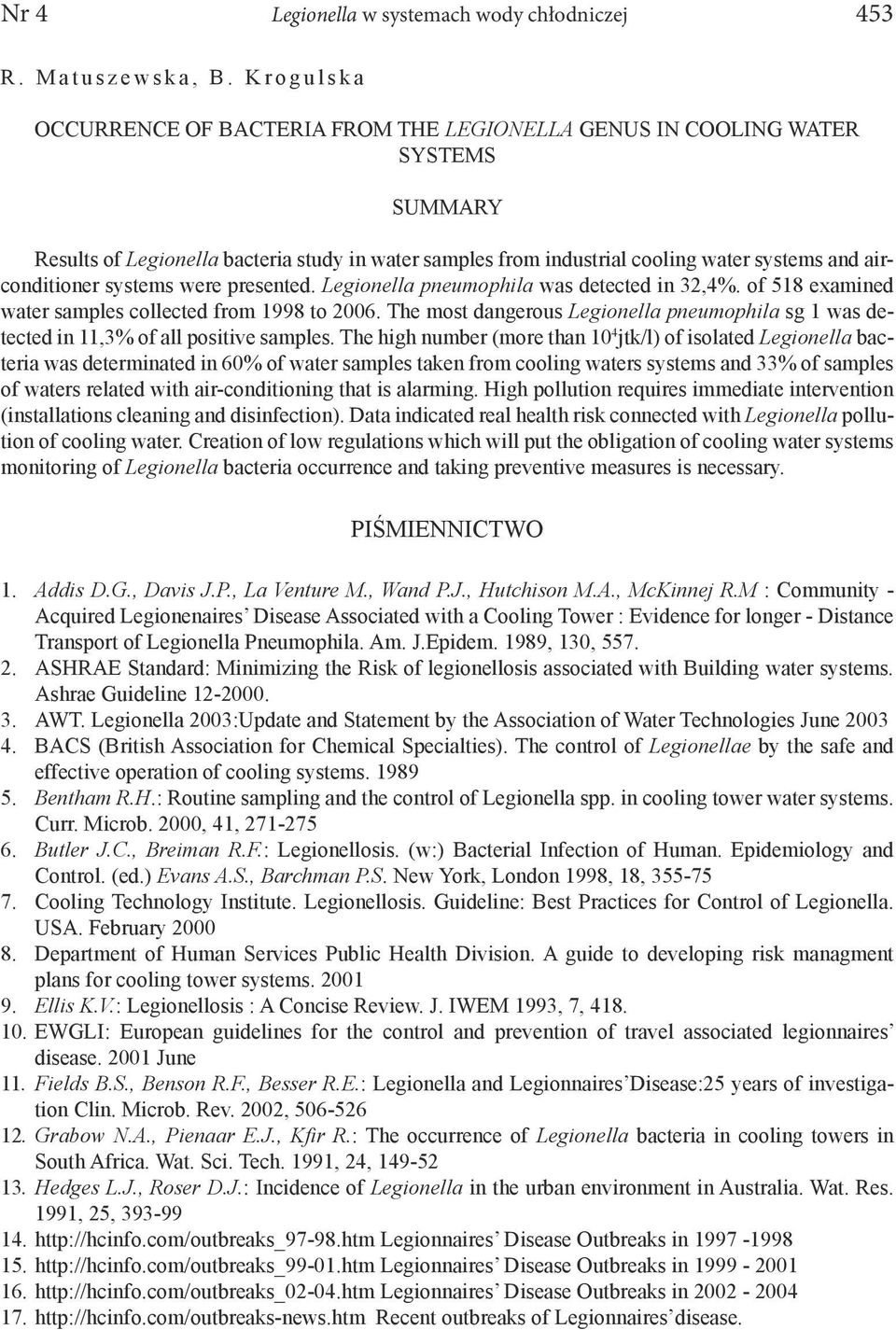 airconditioner systems were presented. Legionella pneumophila was detected in 32,4%. of 518 examined water samples collected from 1998 to 2006.