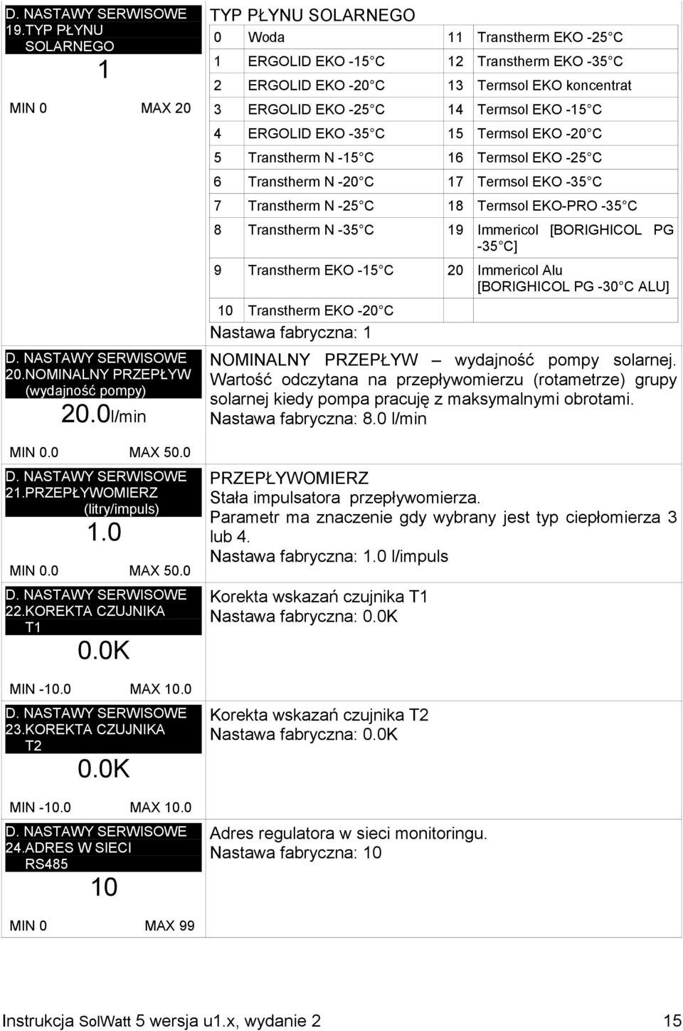 ADRES W SIECI RS485 10 TYP PŁYNU SOLARNEGO 0 Woda 11 Transtherm EKO -25 C 1 ERGOLID EKO -15 C 12 Transtherm EKO -35 C 2 ERGOLID EKO -20 C 13 Termsol EKO koncentrat 3 ERGOLID EKO -25 C 14 Termsol EKO