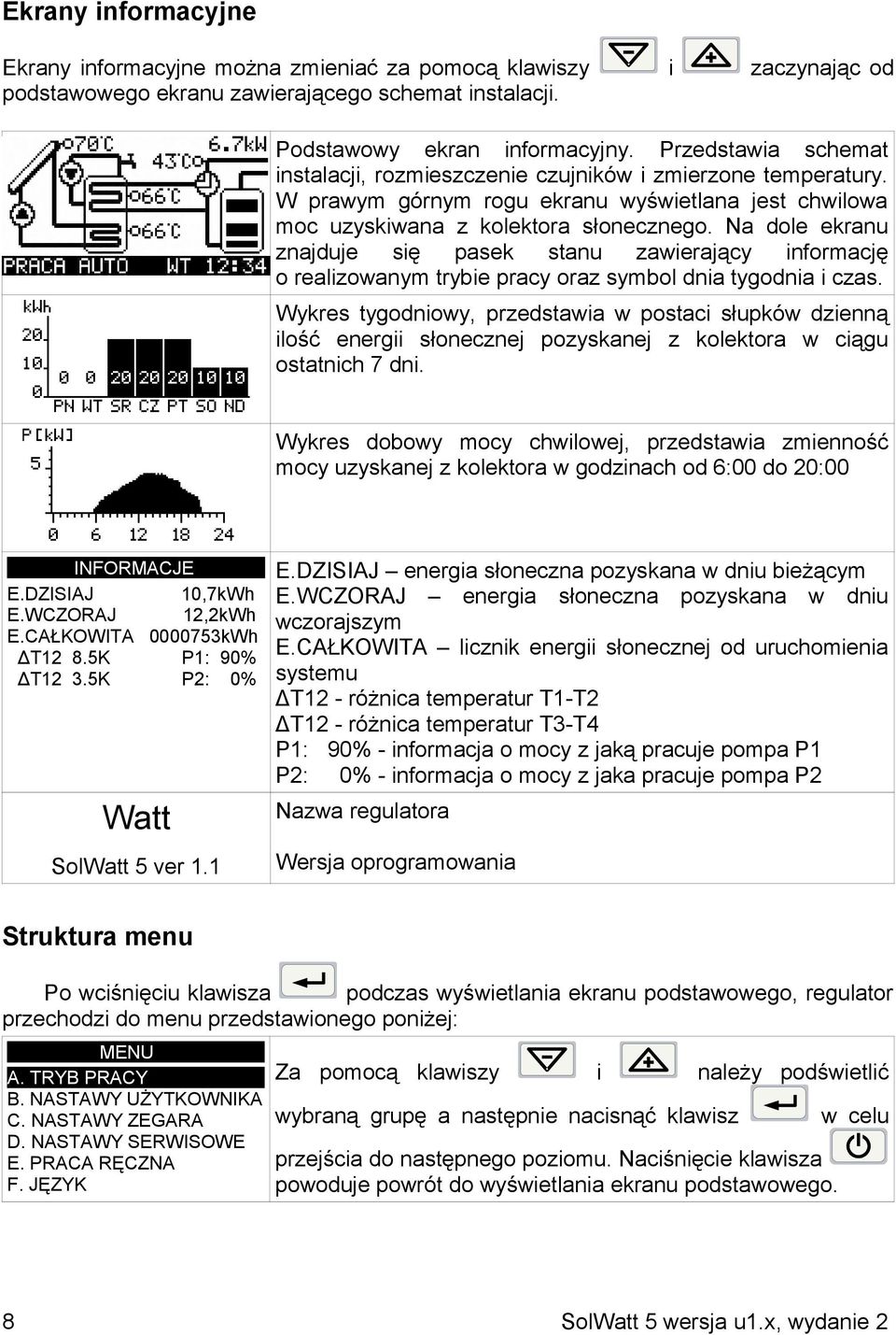 Na dole ekranu znajduje się pasek stanu zawierający informację o realizowanym trybie pracy oraz symbol dnia tygodnia i czas.