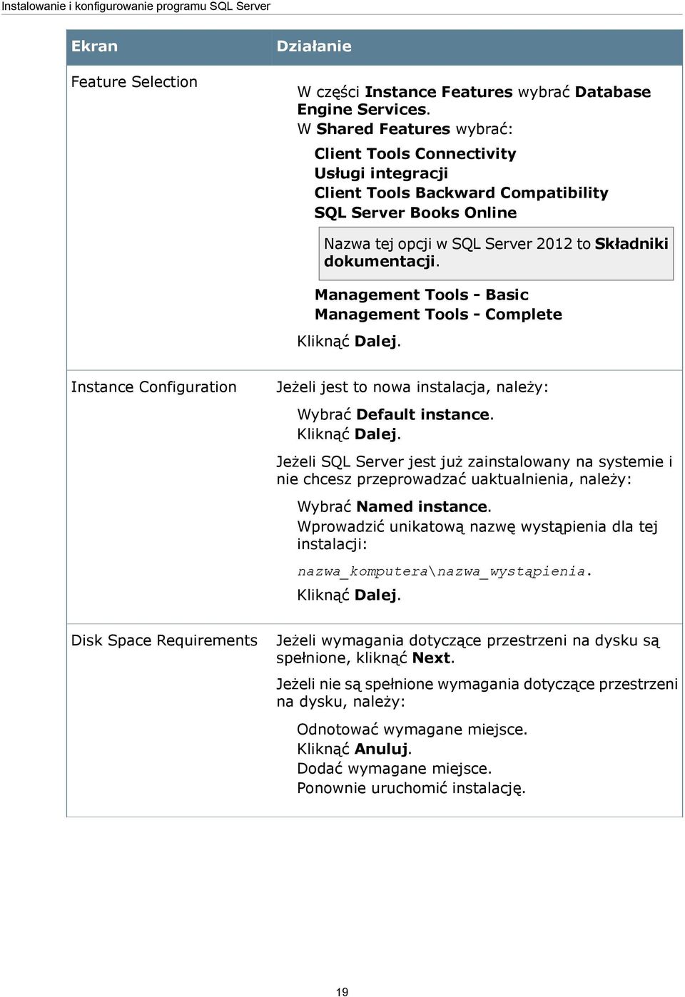 Management Tools - Basic Management Tools - Complete Kliknąć Dalej. Instance Configuration Jeżeli jest to nowa instalacja, należy: Wybrać Default instance. Kliknąć Dalej. Jeżeli SQL Server jest już zainstalowany na systemie i nie chcesz przeprowadzać uaktualnienia, należy: Wybrać Named instance.