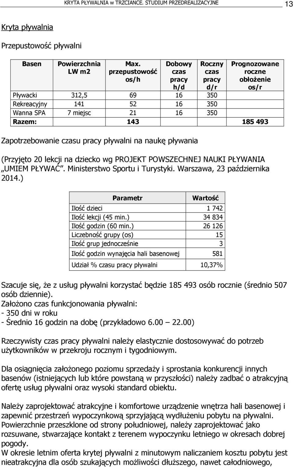 Zapotrzebowanie czasu pracy pływalni na naukę pływania (Przyjęto 20 lekcji na dziecko wg PROJEKT POWSZECHNEJ NAUKI PŁYWANIA UMIEM PŁYWAĆ. Ministerstwo Sportu i Turystyki.