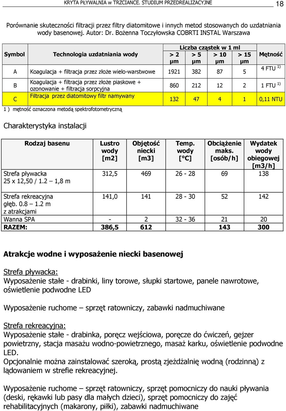 Koagulacja + filtracja przez złoże piaskowe + ozonowanie + filtracja sorpcyjna Filtracja przez diatomitowy filtr namywany 1 ) mętność oznaczona metodą spektrofotometryczną Charakterystyka instalacji