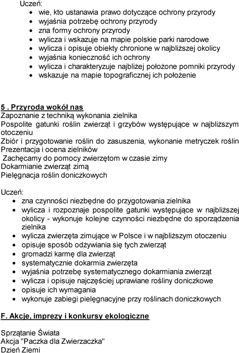 Przyroda wokół nas Zapoznanie z techniką wykonania zielnika Pospolite gatunki roślin zwierząt i grzybów występujące w najbliższym otoczeniu Zbiór i przygotowanie roślin do zasuszenia, wykonanie