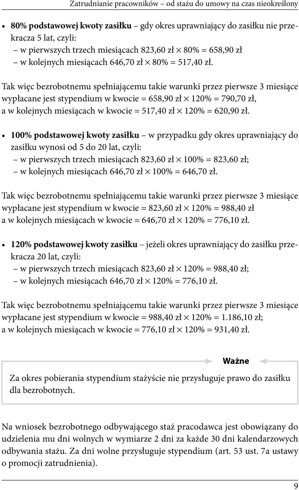 Tak więc bezrobotnemu spełniającemu takie warunki przez pierwsze 3 miesiące wypłacane jest stypendium w kwocie = 658,90 zł 120% = 790,70 zł, a w kolejnych miesiącach w kwocie = 517,40 zł 120% =