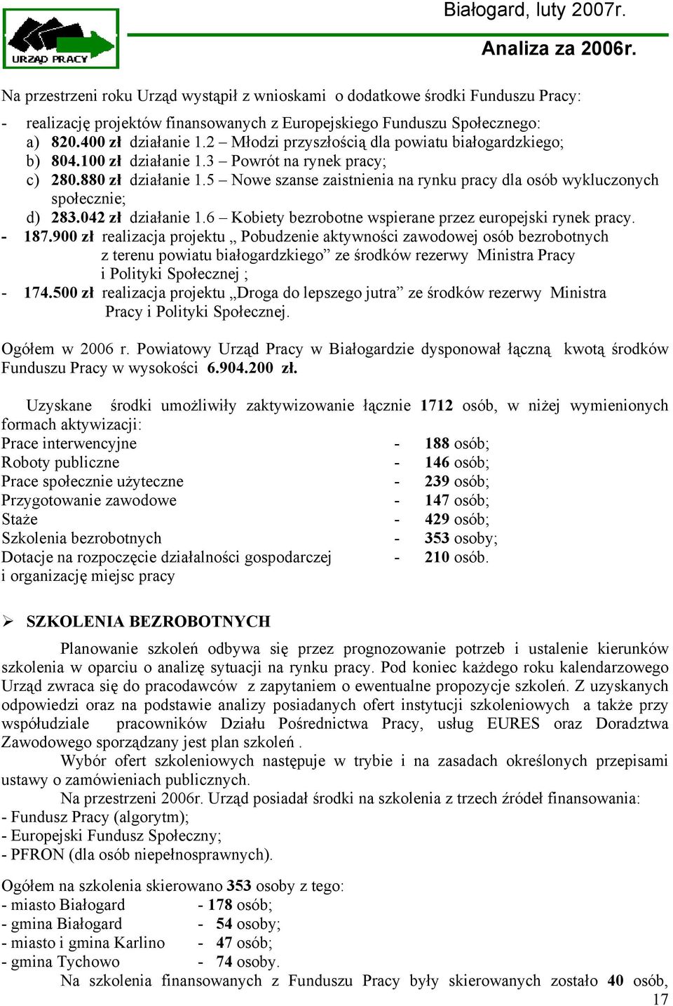 5 Nowe szanse zaistnienia na rynku pracy dla osób wykluczonych społecznie; d) 283.042 zł działanie 1.6 Kobiety bezrobotne wspierane przez europejski rynek pracy. - 187.