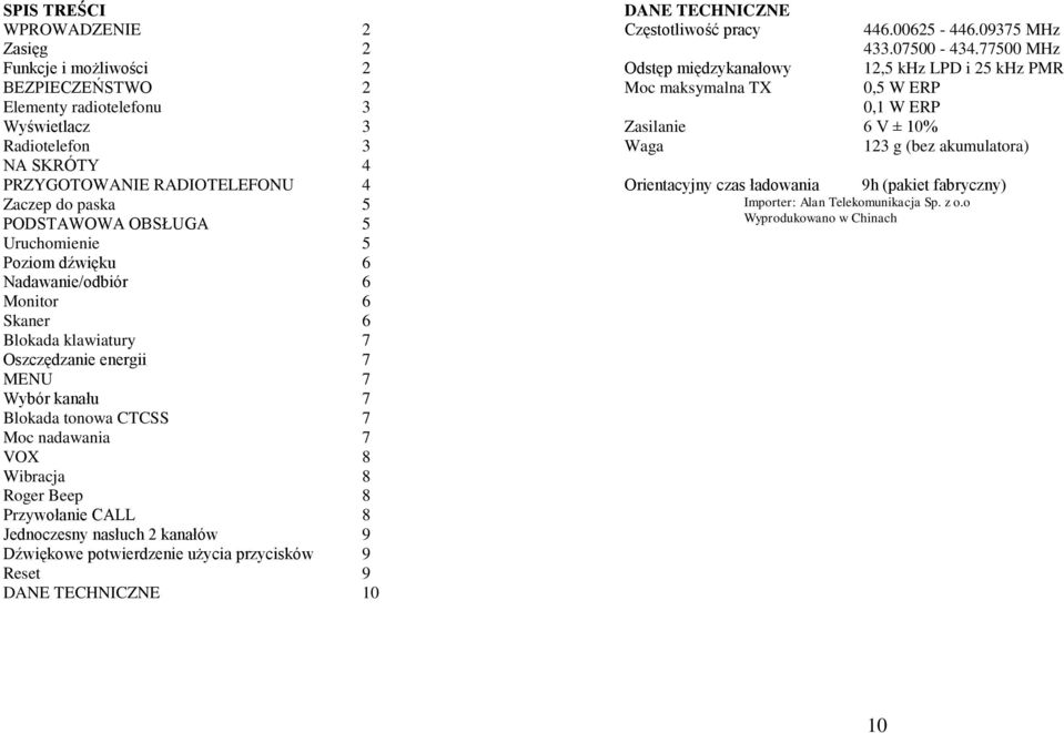 8 Wibracja 8 Roger Beep 8 Przywołanie CALL 8 Jednoczesny nasłuch 2 kanałów 9 Dźwiękowe potwierdzenie użycia przycisków 9 Reset 9 DANE TECHNICZNE 10 DANE TECHNICZNE Częstotliwość pracy Odstęp