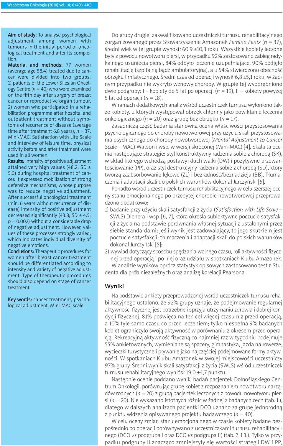 4) treated due to cancer were divided into two groups: 1) patients of the Lower Silesian Oncology Centre (n = 40) who were examined on the fifth day after surgery of breast cancer or reproductive