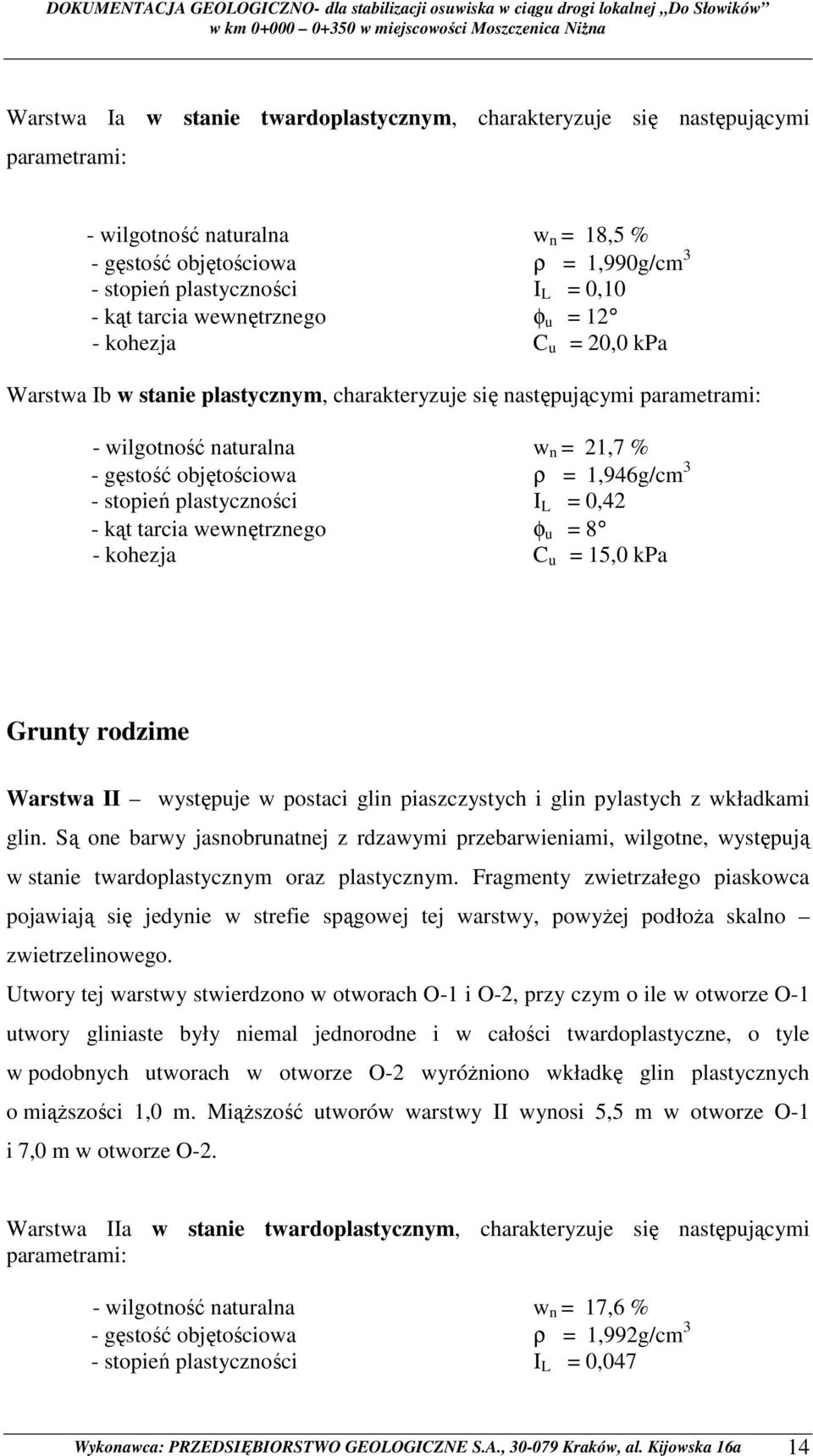 1,946g/cm 3 - stopień plastyczności I L = 0,42 - kąt tarcia wewnętrznego φ u = 8 - kohezja C u = 15,0 kpa Grunty rodzime Warstwa II występuje w postaci glin piaszczystych i glin pylastych z wkładkami