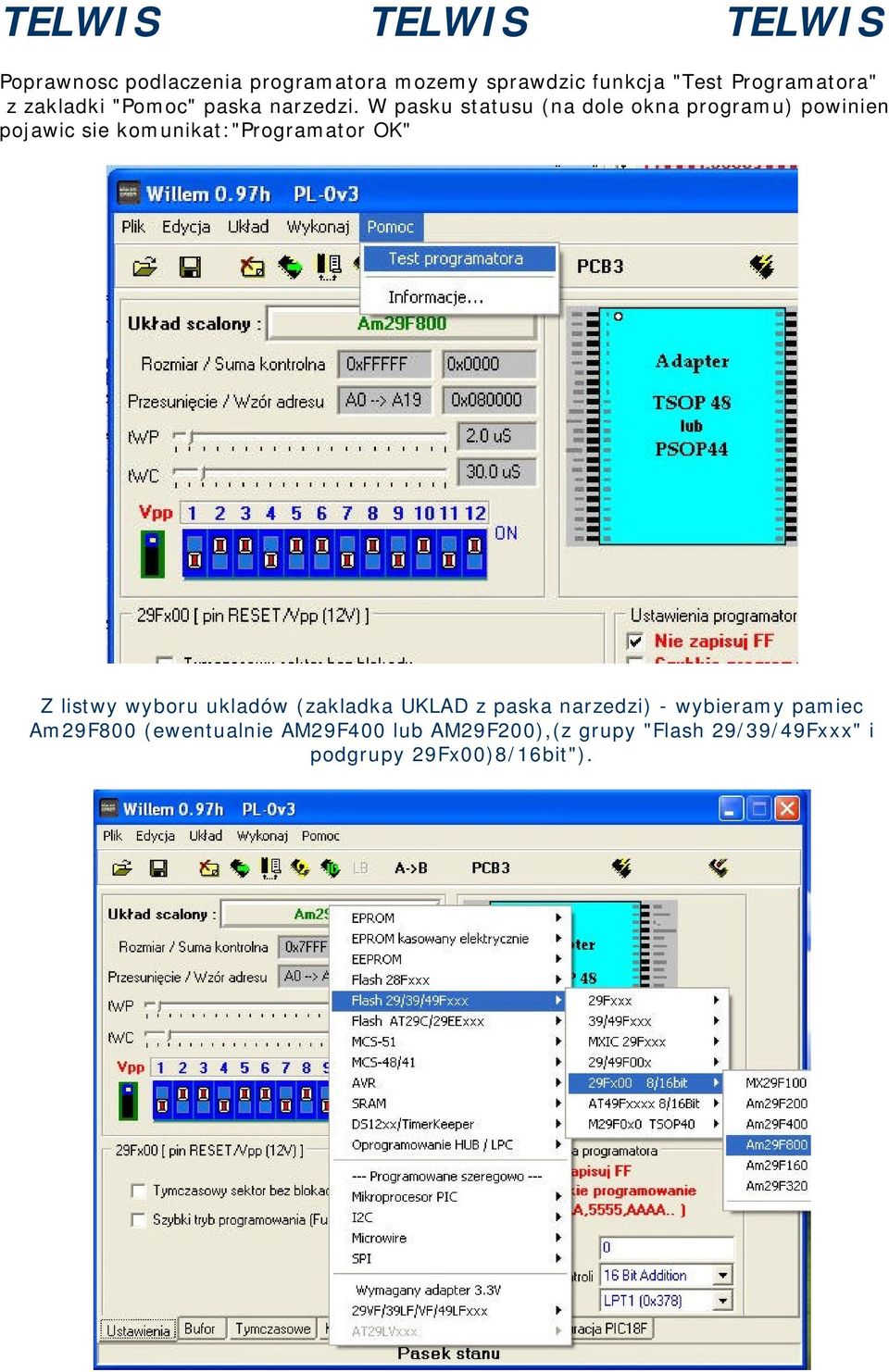 W pasku statusu (na dole okna programu) powinien pojawic sie komunikat:"programator OK" Z