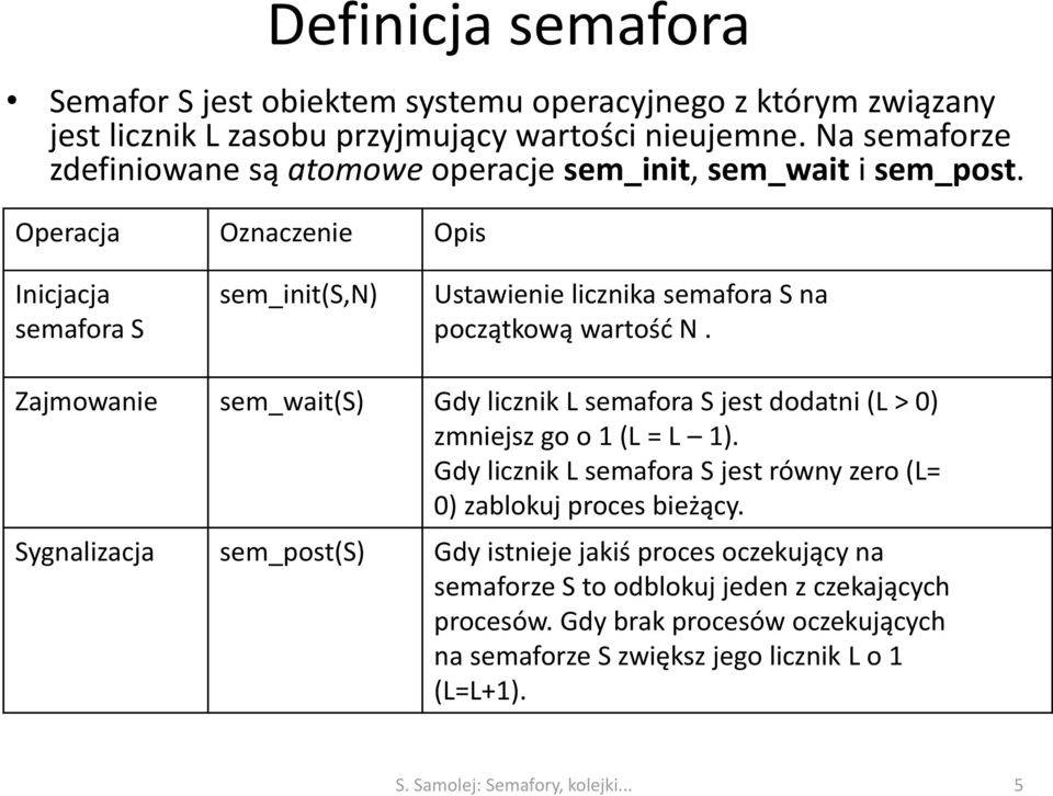 Operacja Oznaczenie Opis Inicjacja semafora S sem_init(s,n) Ustawienie licznika semafora S na początkową wartość N.