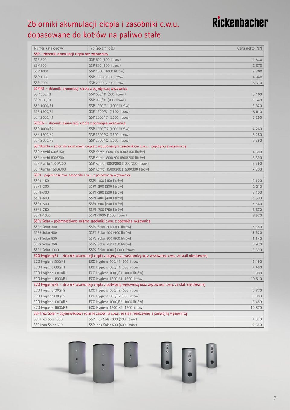 SSP 800 SSP 800 (800 litrów) 3 070 SSP 1000 SSP 1000 (1000 litrów) 3 300 SSP 1500 SSP 1500 (1500 litrów) 4 940 SSP 2000 SSP 2000 (2000 litrów) 5 370 SSP/R1 zbiorniki akumulacji ciepła z pojedynczą