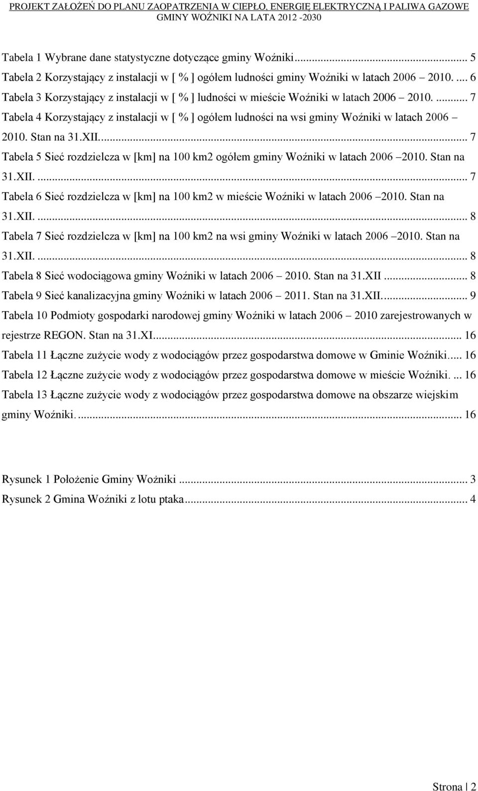 Stan na 31.XII.... 7 Tabela 5 Sieć rozdzielcza w [km] na 100 km2 ogółem gminy Woźniki w latach 2006 2010. Stan na 31.XII.... 7 Tabela 6 Sieć rozdzielcza w [km] na 100 km2 w mieście Woźniki w latach 2006 2010.
