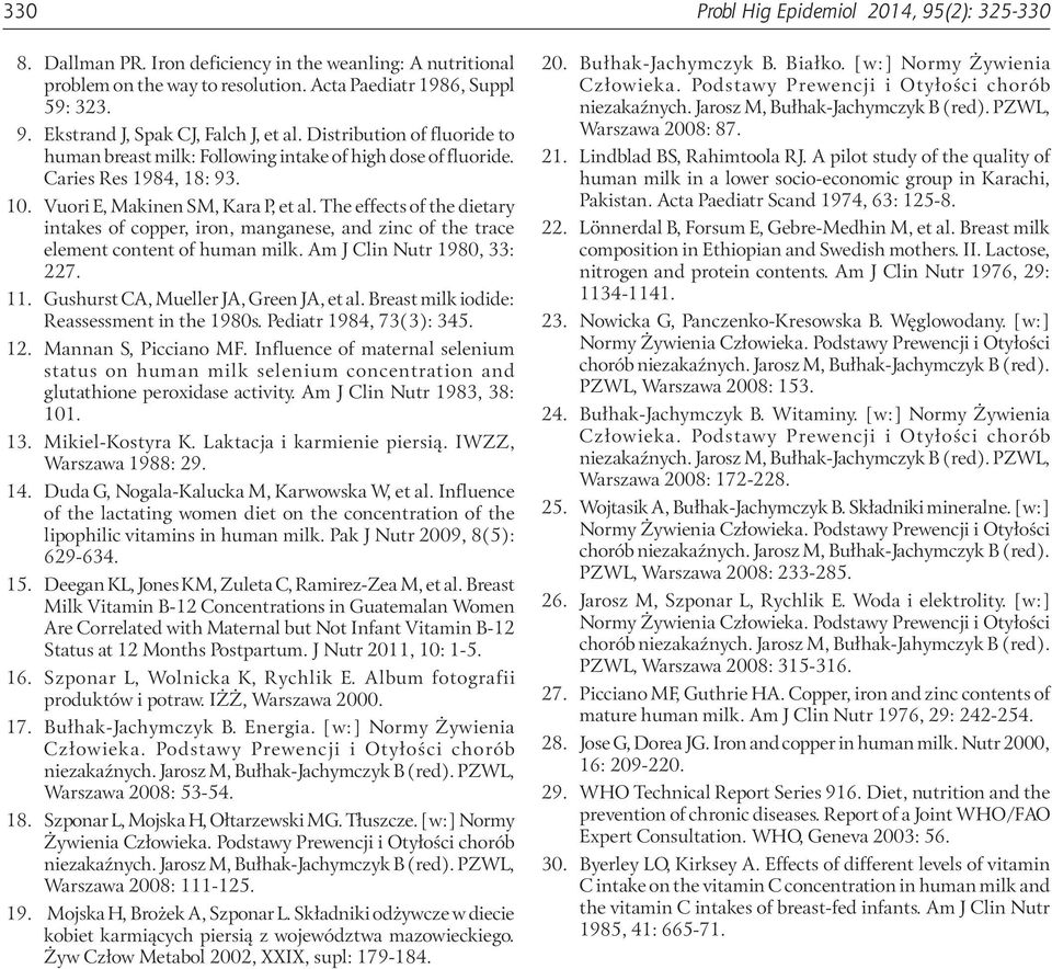 The effects of the dietary intakes of copper, iron, manganese, and zinc of the trace element content of human milk. Am J Clin Nutr 1980, 33: 227. 11. Gushurst CA, Mueller JA, Green JA, et al.