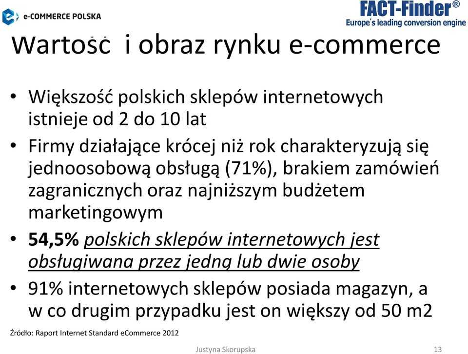 marketingowym 54,5% polskich sklepów internetowych jest obsługiwana przez jedną lub dwie osoby 91% internetowych