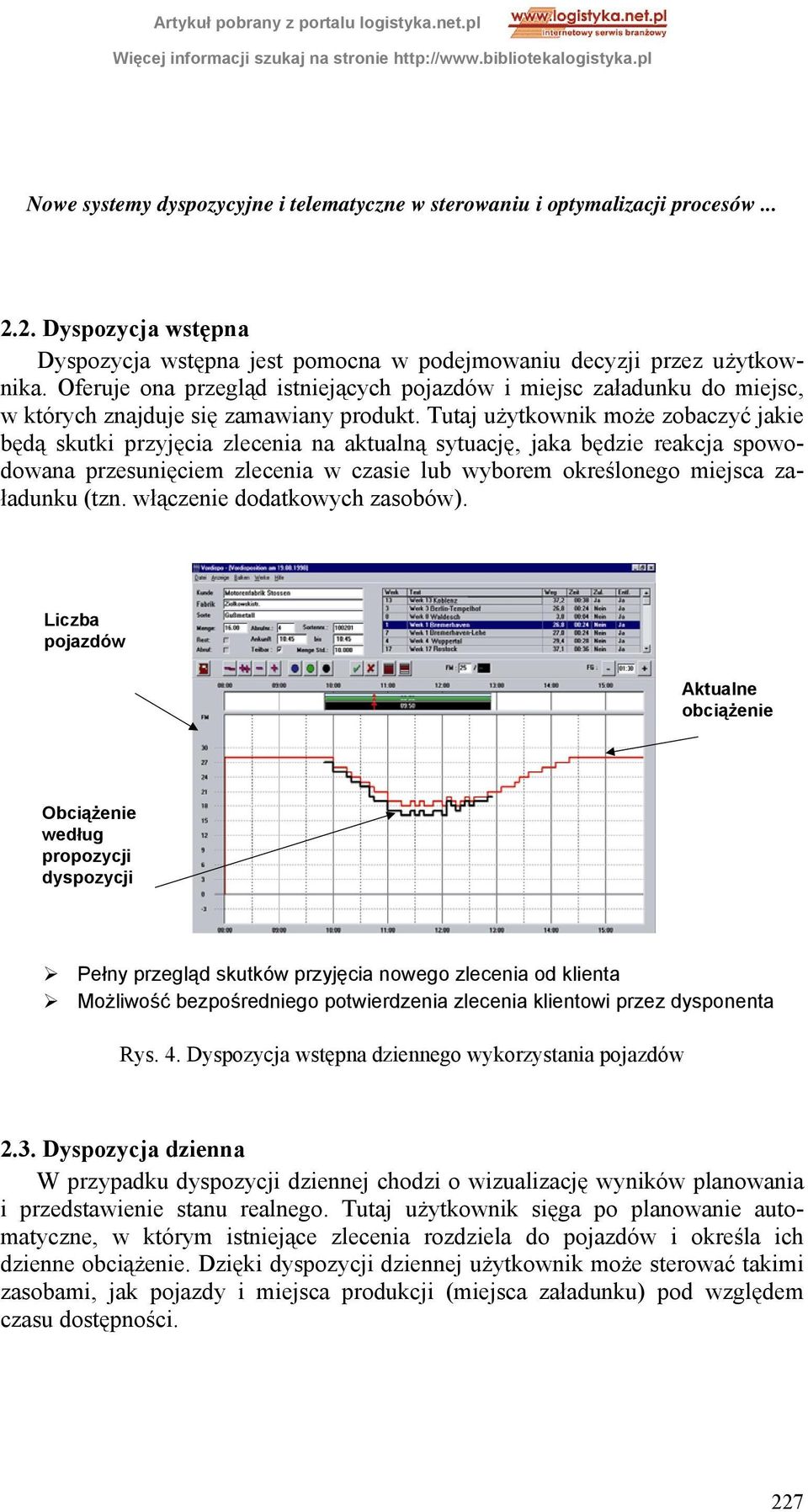 Tutaj użytkownik może zobaczyć jakie będą skutki przyjęcia zlecenia na aktualną sytuację, jaka będzie reakcja spowodowana przesunięciem zlecenia w czasie lub wyborem określonego miejsca załadunku