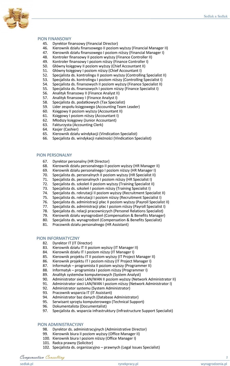 Główny księgowy II poziom wyższy (Chief Accountant II) 51. Główny księgowy I poziom niższy (Chief Accountant I) 52. Specjalista ds. kontrolingu II poziom wyższy (Controlling Specialist II) 53.