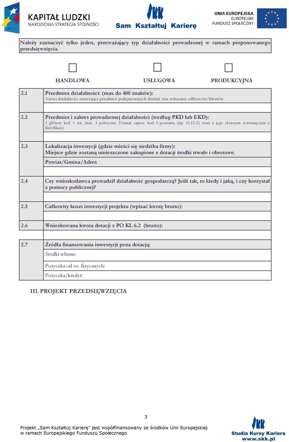 2 Przedmiot i zakres prowadzonej działalności (według PKD lub EKD): 1 główny kod + ew. max. 4 poboczne. Format zapisu: kod 5 poziomu (np. 11.11.Z) wraz z jego słownym rozwinięciem z klasyfikacji 2.