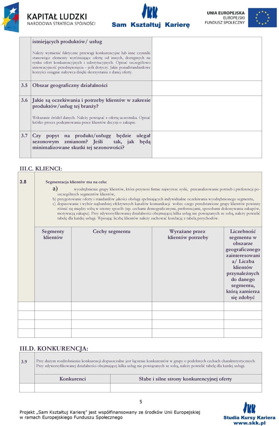 5 Obszar geograficzny działalności 3.6 Jakie są oczekiwania i potrzeby klientów w zakresie produktów/usług tej branży? Wskazanie źródeł danych. Należy powiązać z ofertą uczestnika.
