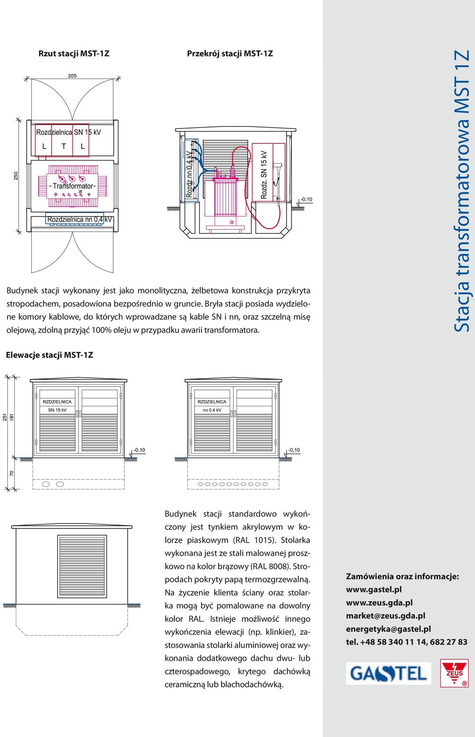 Stacja transformatorowa MST 1Z Elewacje stacji MST-1Z Budynek stacji standardowo wykończony jest tynkiem akrylowym w kolorze piaskowym (RAL 1015).