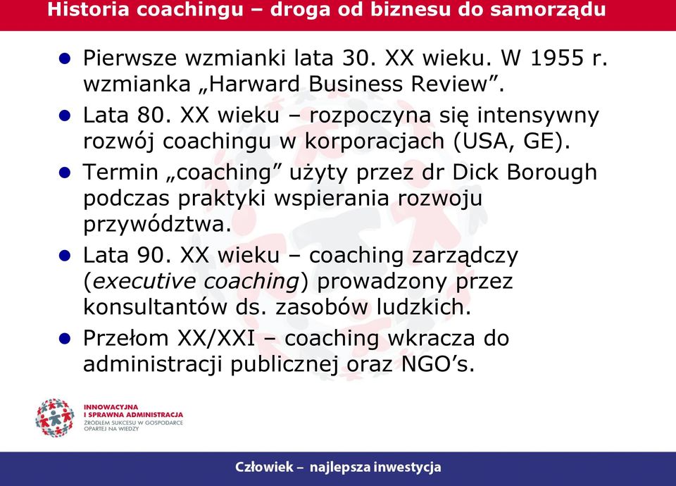 Termin coaching użyty przez dr Dick Borough podczas praktyki wspierania rozwoju przywództwa. Lata 90.