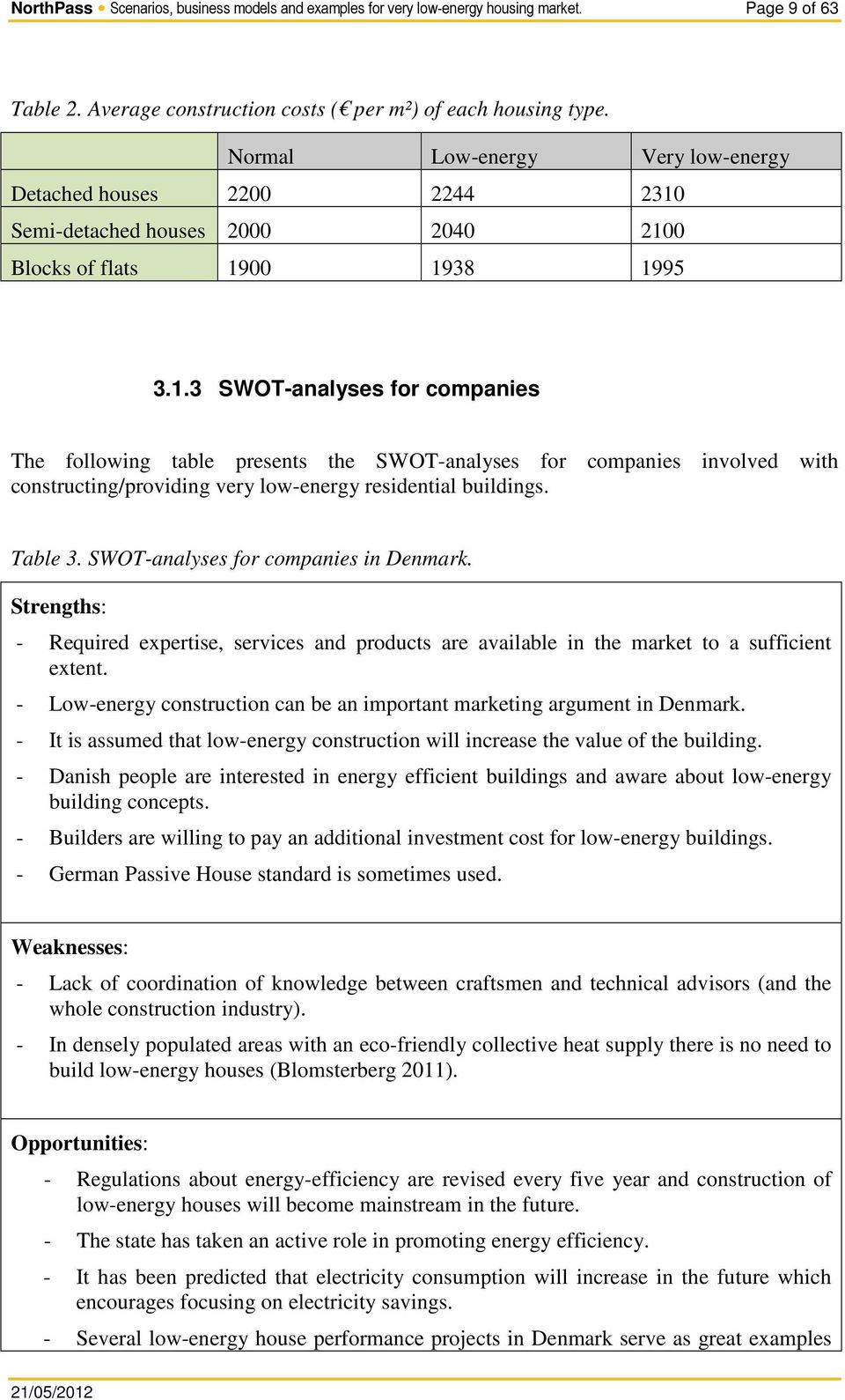 Semi-detached houses 2000 2040 2100 Blocks of flats 1900 1938 1995 3.1.3 SWOT-analyses for companies The following table presents the SWOT-analyses for companies involved with constructing/providing very low-energy residential buildings.