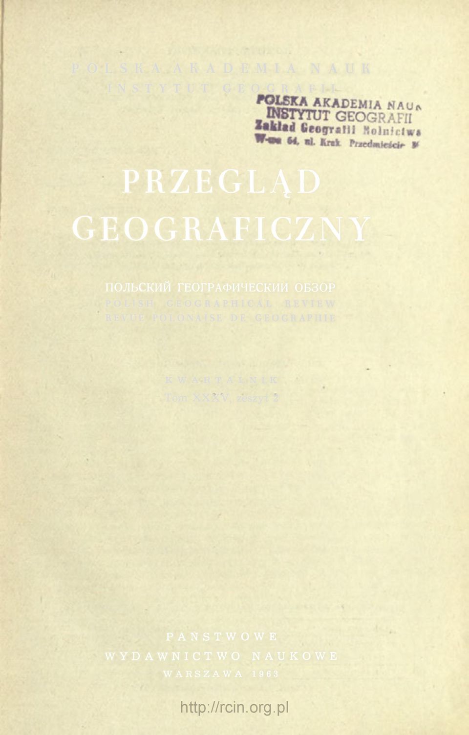 GEOGRAPHICAL REVIEW REVUE POLONAISE DE GEOGRAPHIE K W A R T A