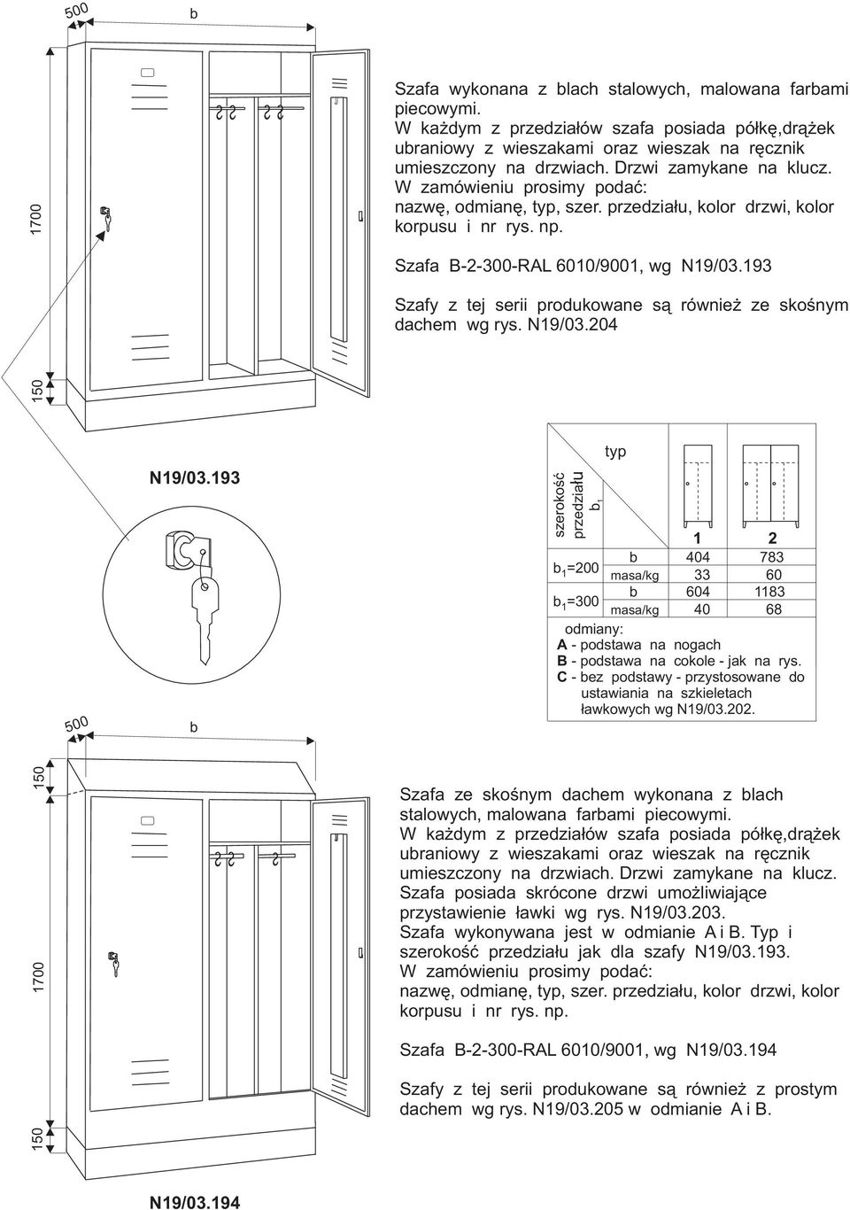 N19/03.204 N19/03.193 œæ ³u szeroko przedzia 1 =200 1 =300 1 typ 1 2 404 783 33 60 604 1183 40 68 A - podstawa na nogach B - podstawa na cokole - jak na rys.