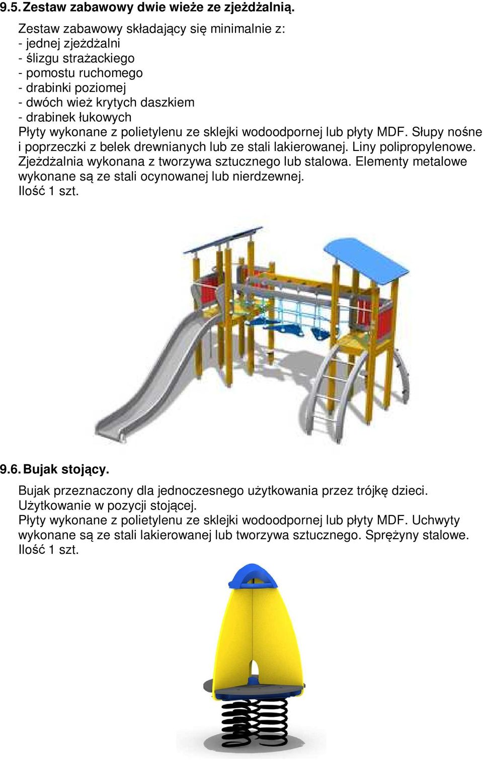 polietylenu ze sklejki wodoodpornej lub płyty MDF. Słupy nośne i poprzeczki z belek drewnianych lub ze stali lakierowanej. Liny polipropylenowe. Zjeżdżalnia wykonana z tworzywa sztucznego lub stalowa.