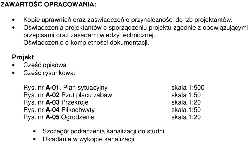 Oświadczenie o kompletności dokumentacji. Projekt Część opisowa Część rysunkowa: Rys. nr A-01. Plan sytuacyjny skala 1:500 Rys.