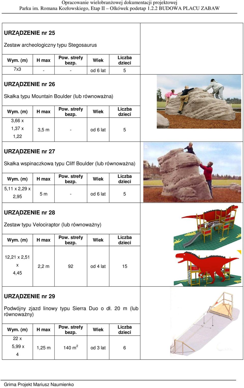 5,11 x 2,29 x 2,95 5 m - od 6 5 URZĄDZENIE nr 28 Zestaw typu Velociraptor (lub równowaŝny) 12,21 x 2,51 x 4,45 2,2 m 92