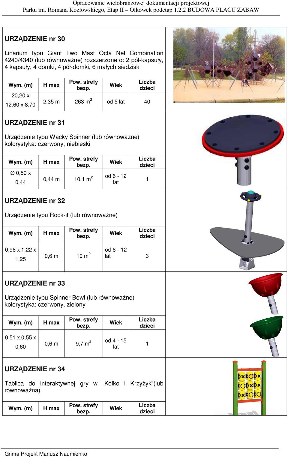 60 x 8,70 2,35 m 263 m 2 od 5 40 URZĄDZENIE nr 31 Urządzenie typu Wacky Spinner (lub równowaŝne) kolorystyka: czerwony, niebieski Ø 0,59 x 0,44 2 od 6-12 0,44 m 10,1 m