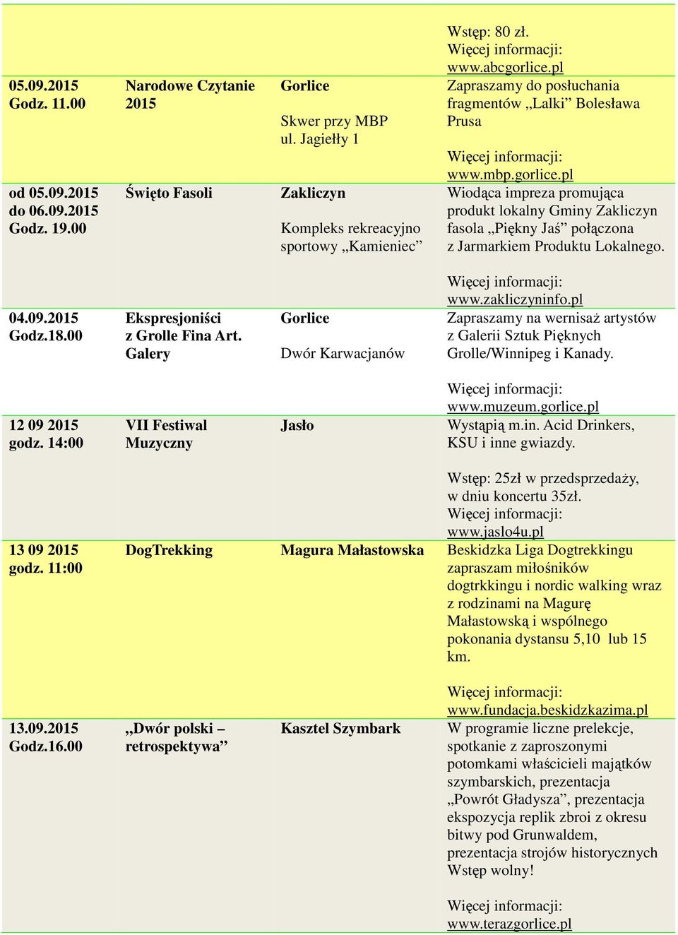 04.09.2015 Godz.18.00 Ekspresjoniści z Grolle Fina Art. Galery Dwór Karwacjanów www.zakliczyninfo.pl Zapraszamy na wernisaż artystów z Galerii Sztuk Pięknych Grolle/Winnipeg i Kanady. 12 09 2015 godz.