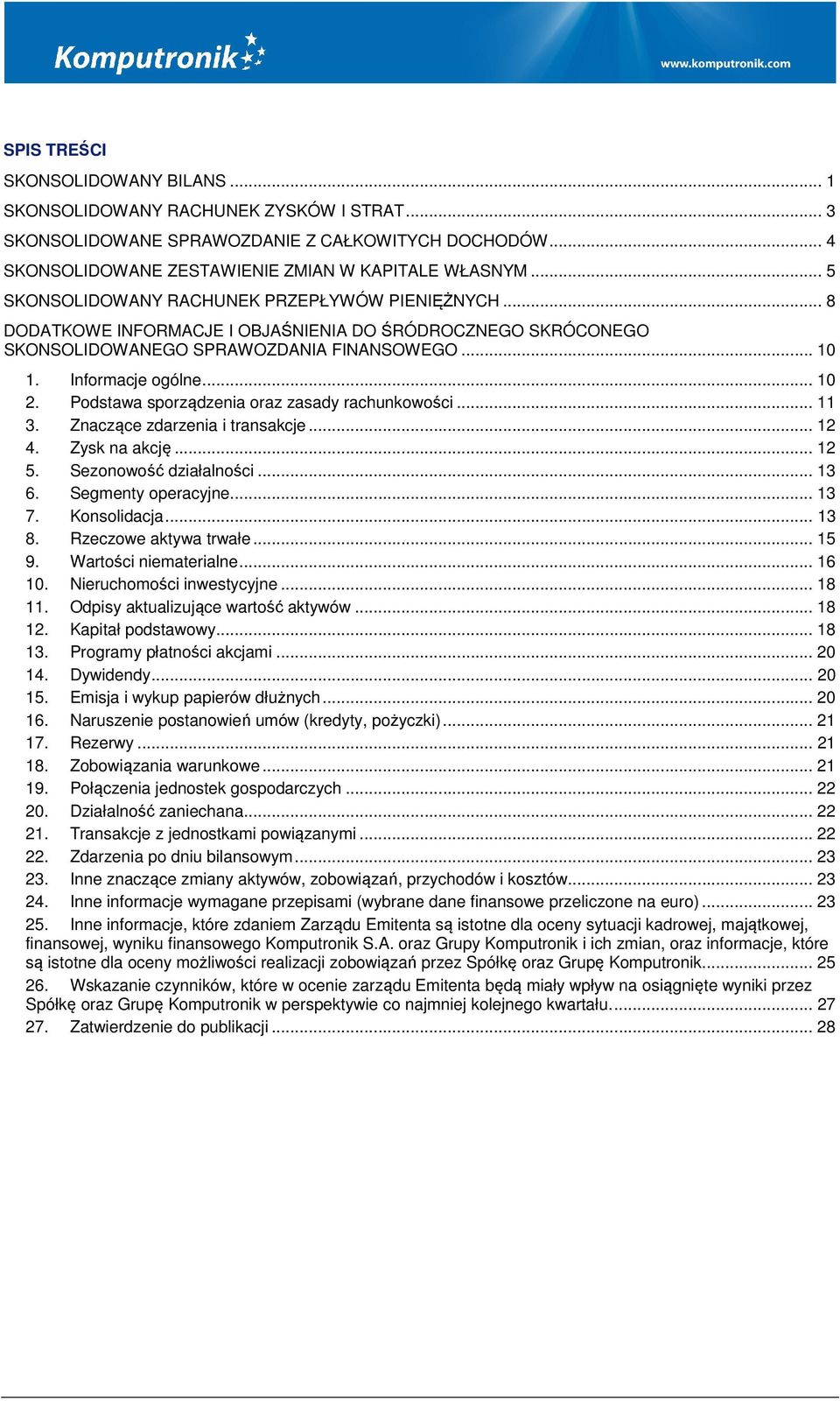 Podstawa sporządzenia oraz zasady rachunkowości... 11 3. Znaczące zdarzenia i transakcje... 12 4. Zysk na akcję... 12 5. Sezonowość działalności... 13 6. Segmenty operacyjne... 13 7. Konsolidacja.