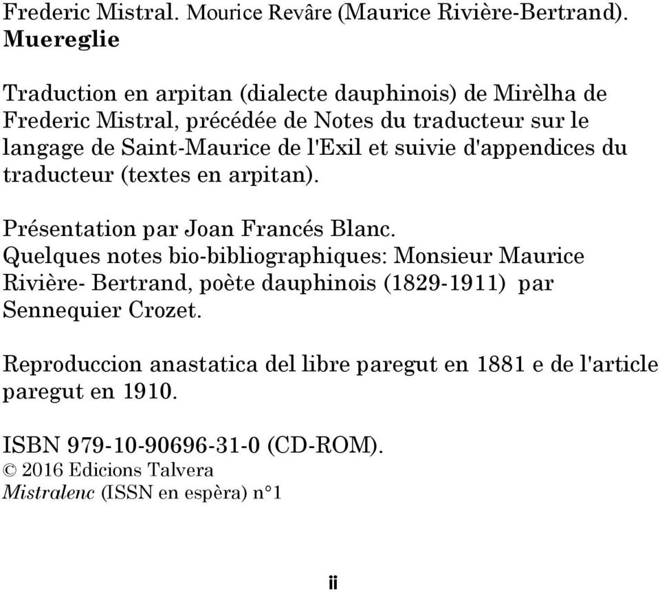 l'exil et suivie d'appendices du traducteur (textes en arpitan). Présentation par Joan Francés Blanc.