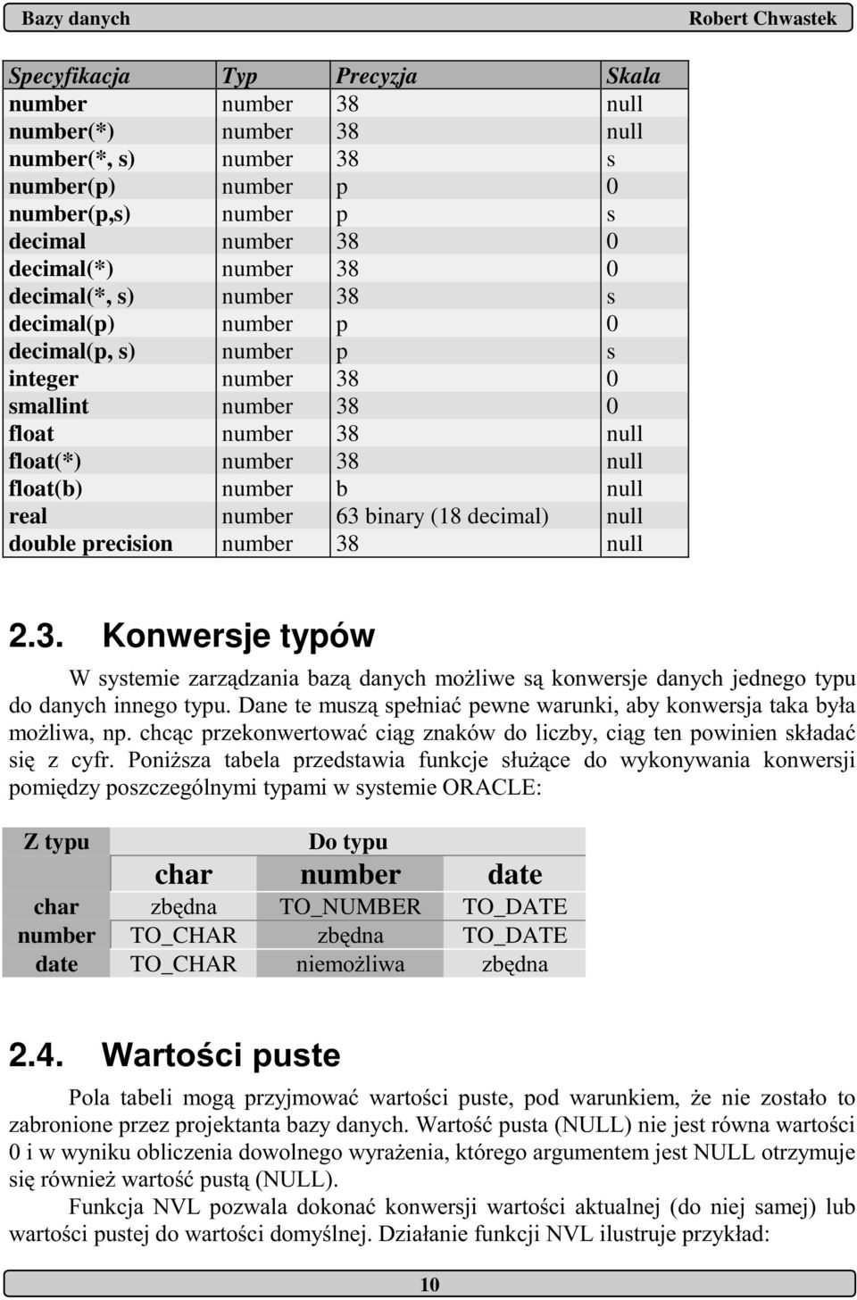 number 38 null float(b) number b null real number 63 binary (18 decimal) null double precision number 38 null 2.3. Konwersje typów ( - ) * / - - ) * / - / *.