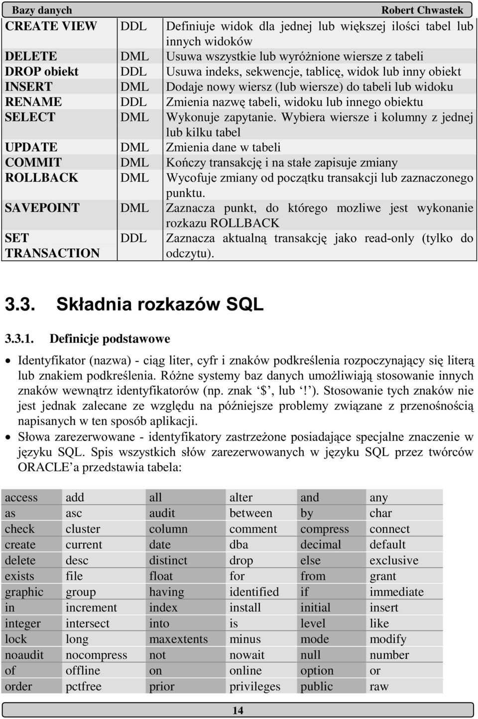 SAVEPOINT DML Zaznacza punkt, do którego mozliwe jest wykonanie rozkazu ROLLBACK SET TRANSACTION DDL 5 " 0 odczytu). 3.3.! 3.3.1.